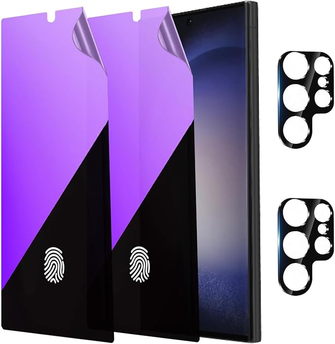 2 Pack Anti-Blue Privacy Screen Protector for Samsung Galaxy S25 Ultra Anti-Spy Soft Film Support Finger Unlock + 2 Pack Camera Lens Glass Protector