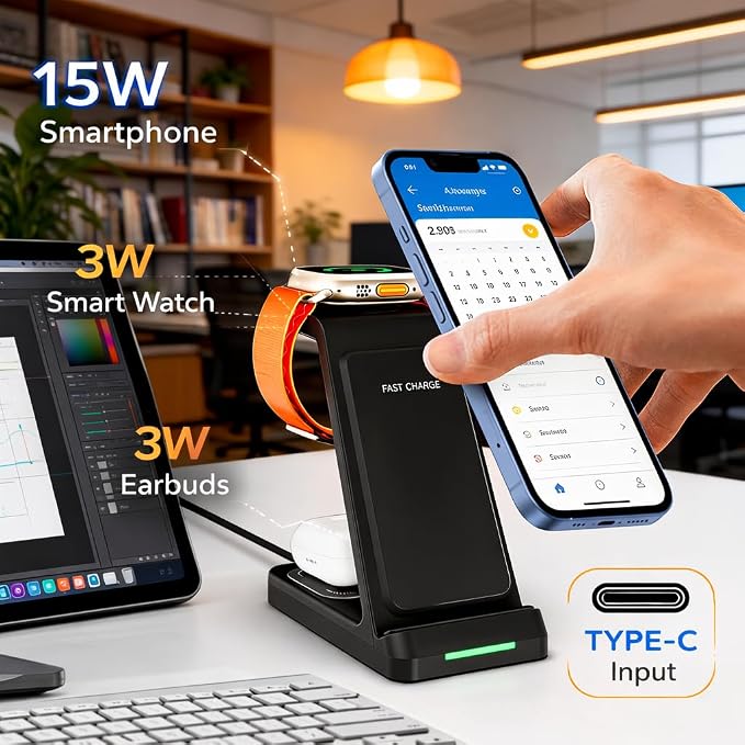 Black 3-in-1 Wireless Charging Dock Fast Charger Stand for Phone Watch Earbuds Type-C Desktop Charger