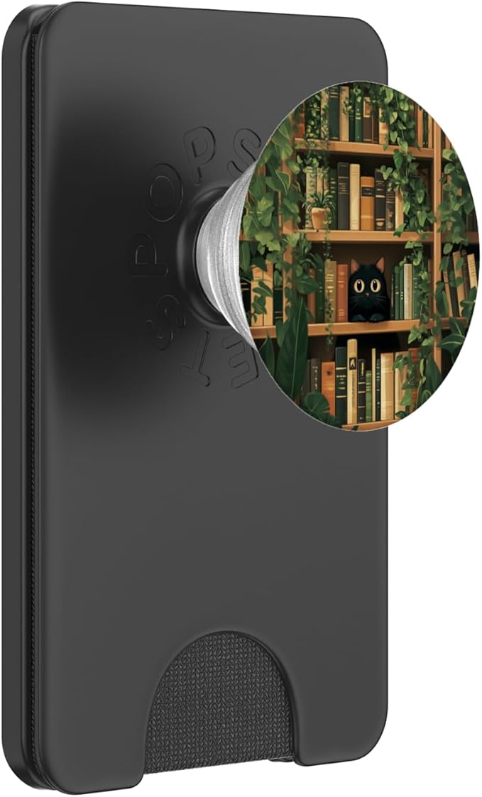 Cute Black Cat Hiding On Bookshelves Plants Library Bookish PopSockets Adhesive PopGrip