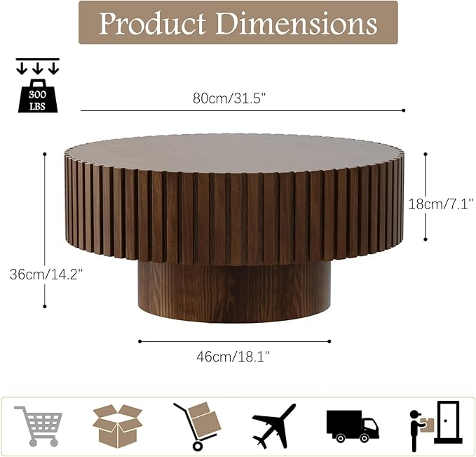 Fluted Coffee Tables 31.5" Round Wood Coffee Table Modern Handcraft Drum Coffee Table with Sturdy Pedestal Unique Coffee Tables for Living Room Home Office (Round Brown)