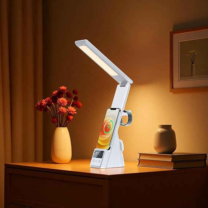 FJHBL Multifunctional Desk Lamp Wireless Charger with LED Display, Digital Clock, Alarm, and Tri-Color Lighting. Compatible with All Major Qi-Enabled Phones, Watches, and Earbuds,N61(White).