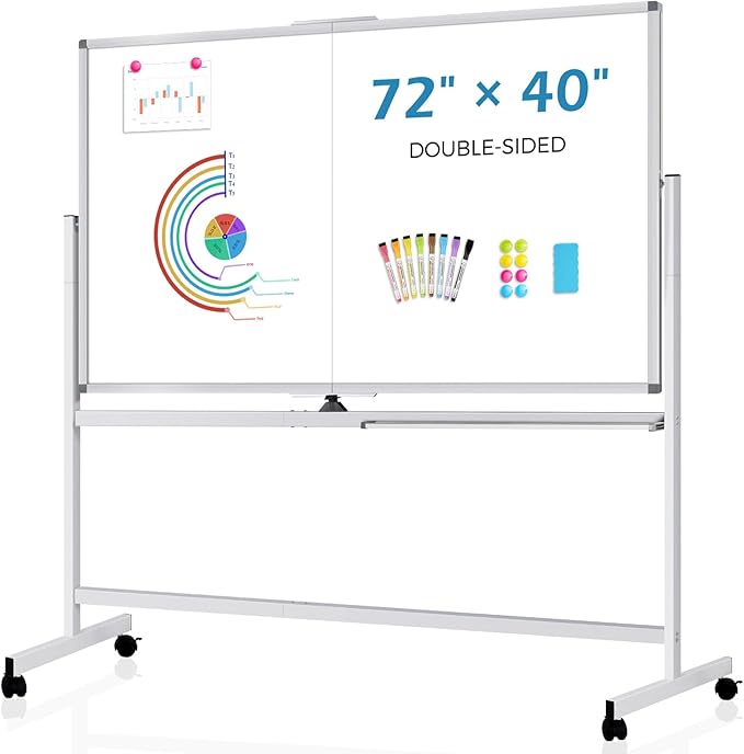 Large Rolling Whiteboard Dry Erase, 72" x 40" Double-Sided Mobile White Board with Stand, Giant Magnetic Dry Erase Board on Wheels for Office, Home & School