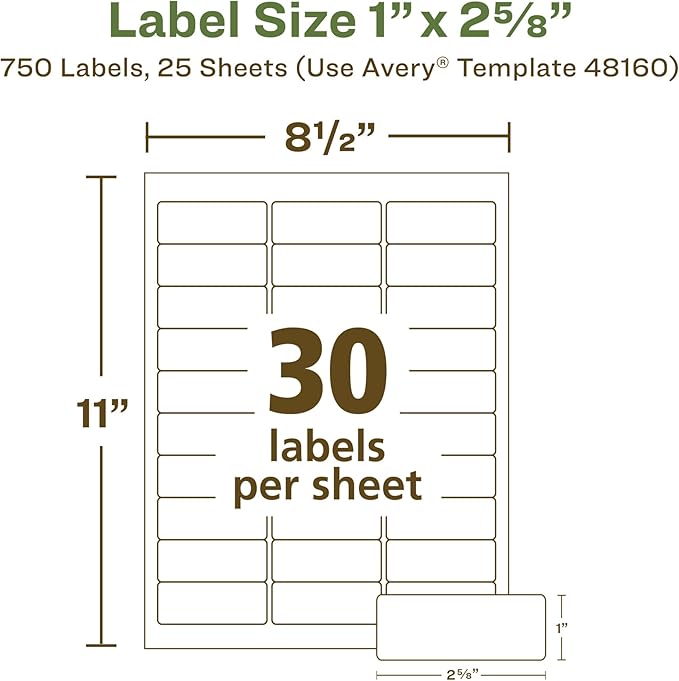 Avery EcoFriendly Recycled Address Labels, 1" x 2-5/8", White, Permanent Label Adhesive, 750 Printable Labels (48160)