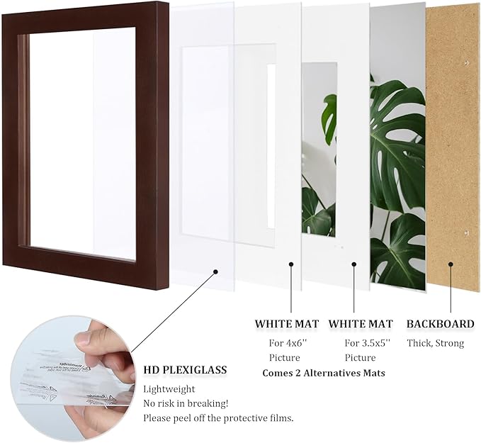 Egofine 5x7 Picture Frame Made of Solid Wood with Plexiglass, Display Pictures 3.5x5/4x6 with Mat or 5x7 Without Mat for Tabletop and Wall Mounting, Walnut Color