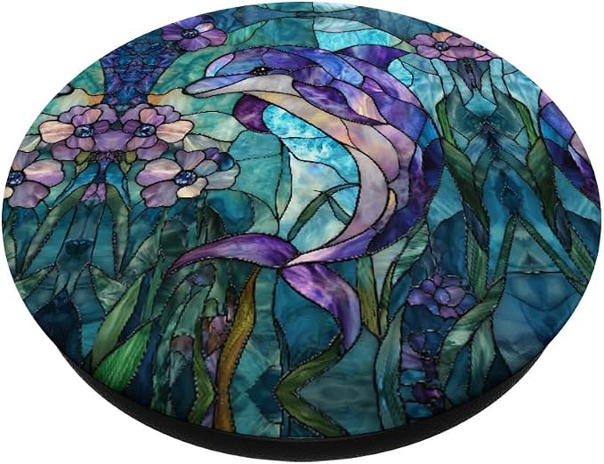 Dolphin Stained Art Effect Stain Art Floral Sea Teal Purple PopSockets PopGrip for MagSafe
