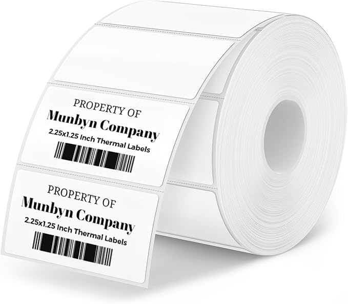 MUNBYN 2.25"x1.25" Thermal Sticker Labels, White Self-Adhesive Barcode Label Paper for Direct Thermal Printer and Business, Multi-Purpose Rectangle Address Shipping Mailing Stickers,1000 Sheets/Roll