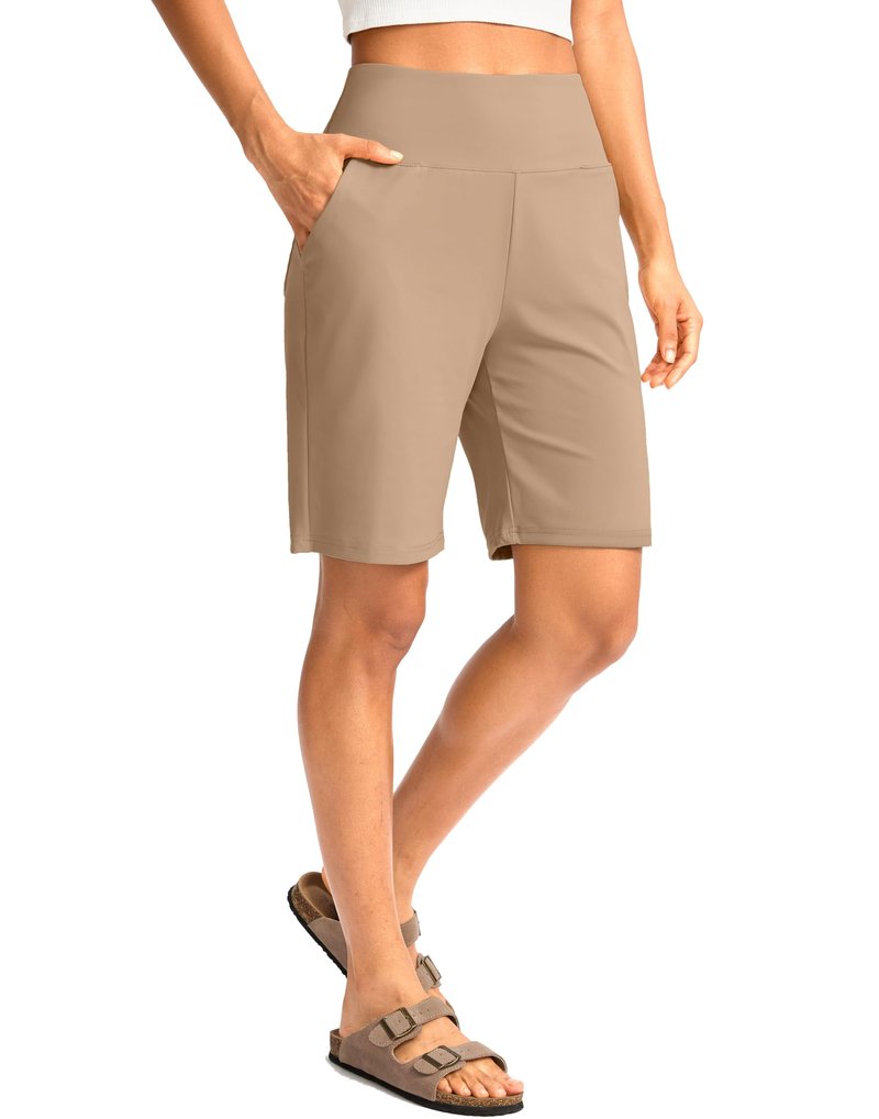 G Gradual Women's Bermuda Long Shorts with Pockets 9" High Waisted Knee Length Shorts for Women Walking Athletic Workout(Khaki,M)