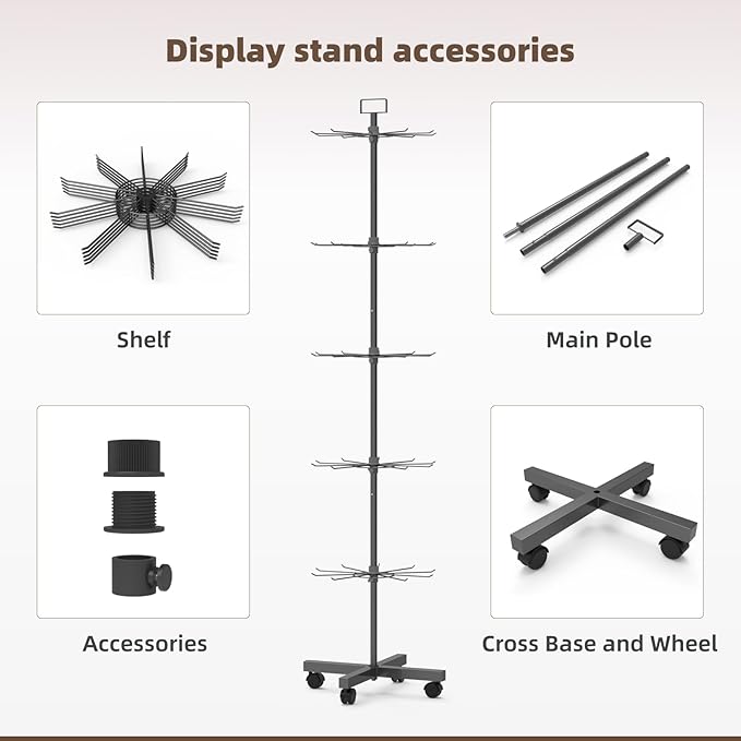YEOOE Retail Display Racks 5 Tier Spinning Display Stand, Movable Shop Spinner Rack with Hooks, Retail Display Stand for Jewelry Keyring Hats Socks Toys (Black)