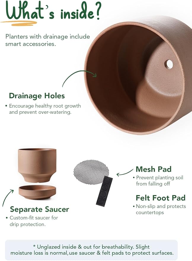 LE TAUCI Large 14 Inch Plant Pot with Saucer | Ceramic Outdoor & Indoor Big Planter Pot | Drainage Hole, Mesh Pad & Plug | Unglazed Porous | Modern Minimalist for Home and Patio – Terracotta Color