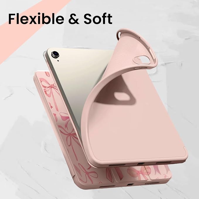 for iPad A16 11 Inch 2025 /for iPad 10th Generation 10.9 Inch 2022 Cute iPad Black Case with Pencil Holder-[Auto Wake/Sleep] Trifold Stand Soft TPU Protective Cover Pink Bows