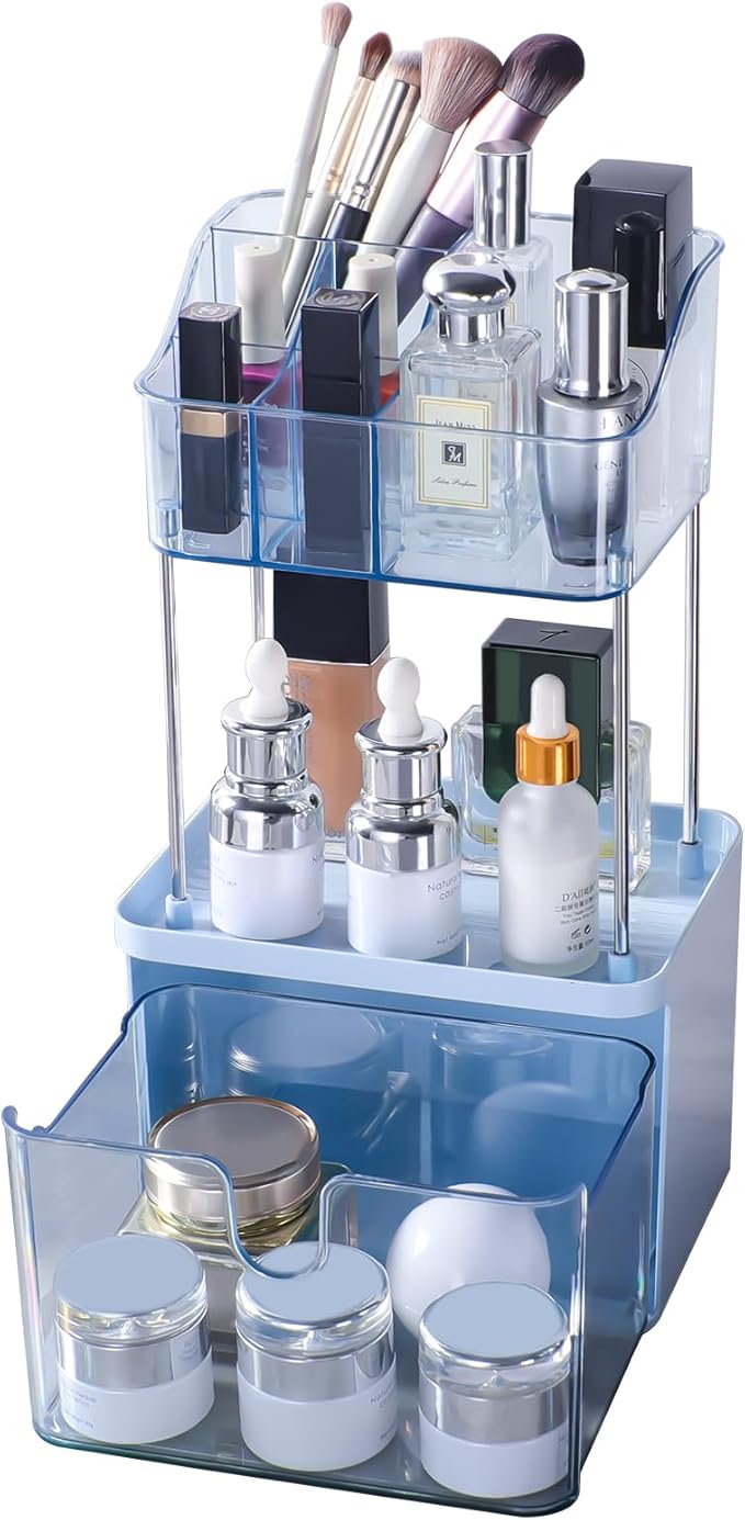 Makeup Organizer Countertop with Drawer, Bathroom Counter Organizers, Anti-Slip Dustproof Exquisite Dresser Vanity Storage for Skin Care Perfume Beauty Lipstick, Blue