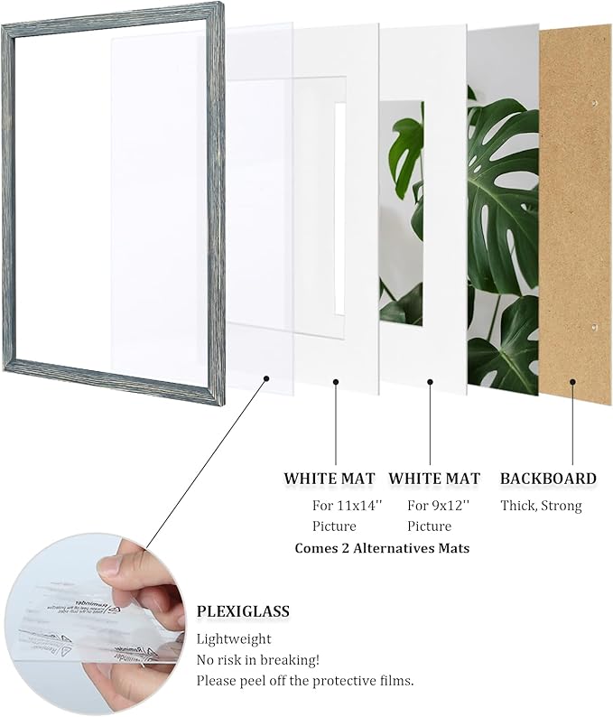 Egofine 12x16 Picture Frame Made of Solid Wood Covered by Plexiglass, Display Pictures 9x12/11x14 with Mat or 12x16 Without Mat for Wall Mounting Photo Frame, Rustic Blue