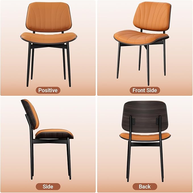 Dining Chairs Set of 2, Mid Century Modern Dining Room and Kitchen Chairs, Upholstered PU Leather Chairs with Walnut Bentwood and Metal Legs, Orange