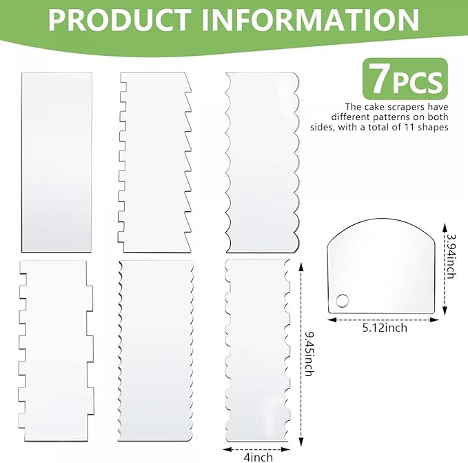 SenseYo 7 Pcs Acrylic Cake Scraper 9.5 Inch Large Icing Cream Frosting Smoother Comb Double Sided Patterned Edge Stripe for Cake Decorating Mousse Butter Baking Projects