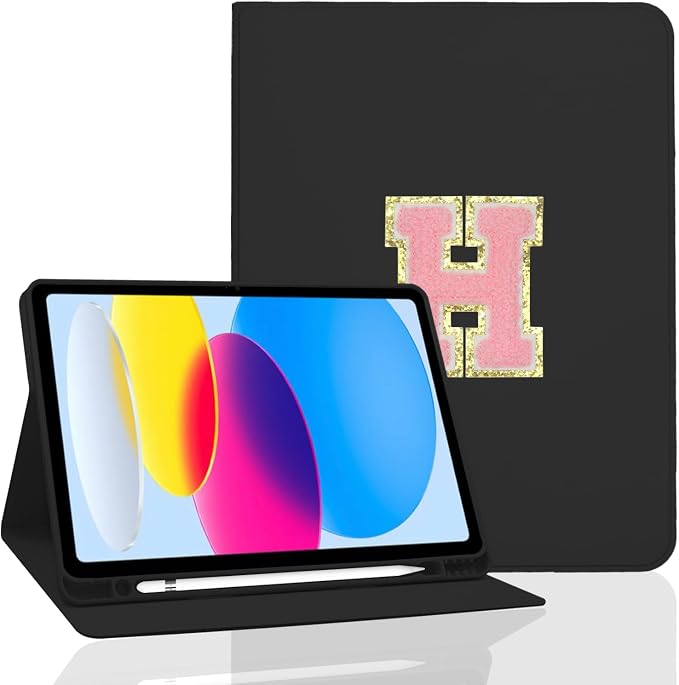 for iPad 9th Generation 10.2 Inch 2021/2020/2019 Case Initial Chenille Letter Suture Personalized for iPad 9th/8th/7th Generation Case with Auto Sleep/Wake Pencil Holder (Black A)