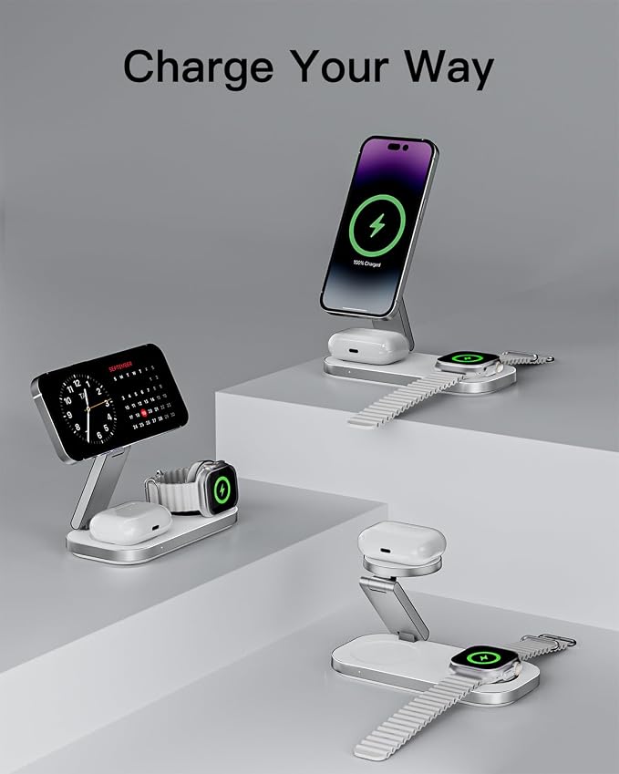 3-in-1 Charging Station for Apple Device Foldable Magnetic Wireless Fast Charger Stand Compatible with MagSafe for iPhone 17e/17/16/15/14/13/12/Air Series Apple Watch &amp AirPods-Black