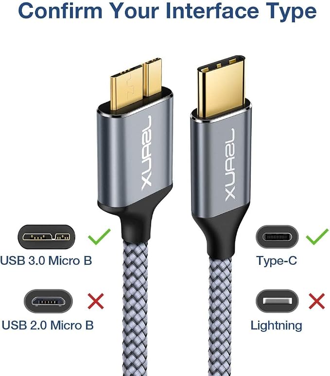 JSAUX 10Gbps Micro B to USB C Hard Drive Cable [1.5FT+1.5FT] | Nylon Braided Long External Hard Drive Cable Compatible for Seagate WD etc MacBook Pro/Air Galaxy S24 iPad
