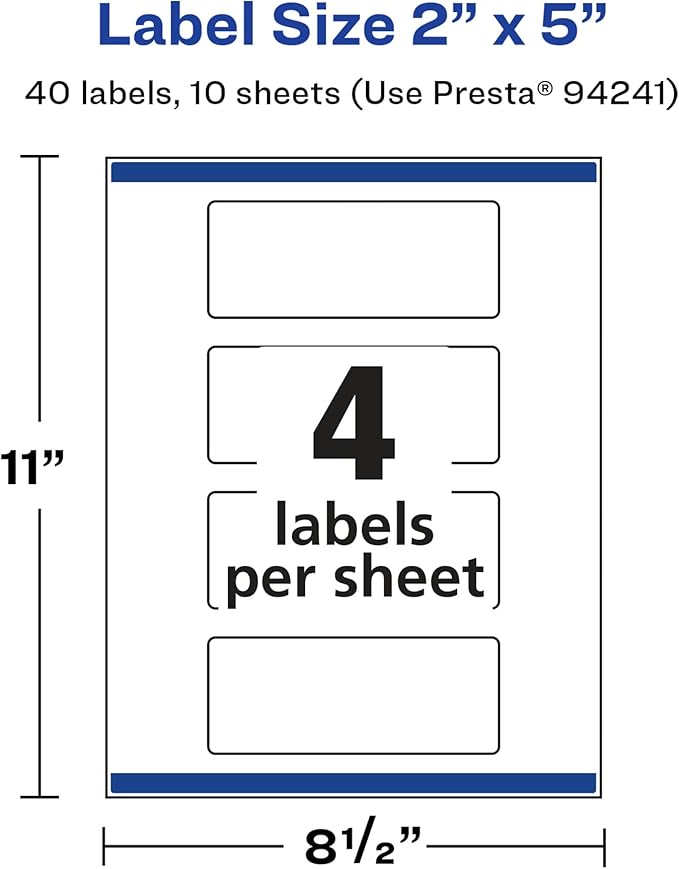 Avery Glossy White Rectangle Labels, Sure Feed Technology, 2" x 5", 40 Glossy White Labels, Print-to-The-Edge, Permanent Adhesive, Laser/Inkjet Printable