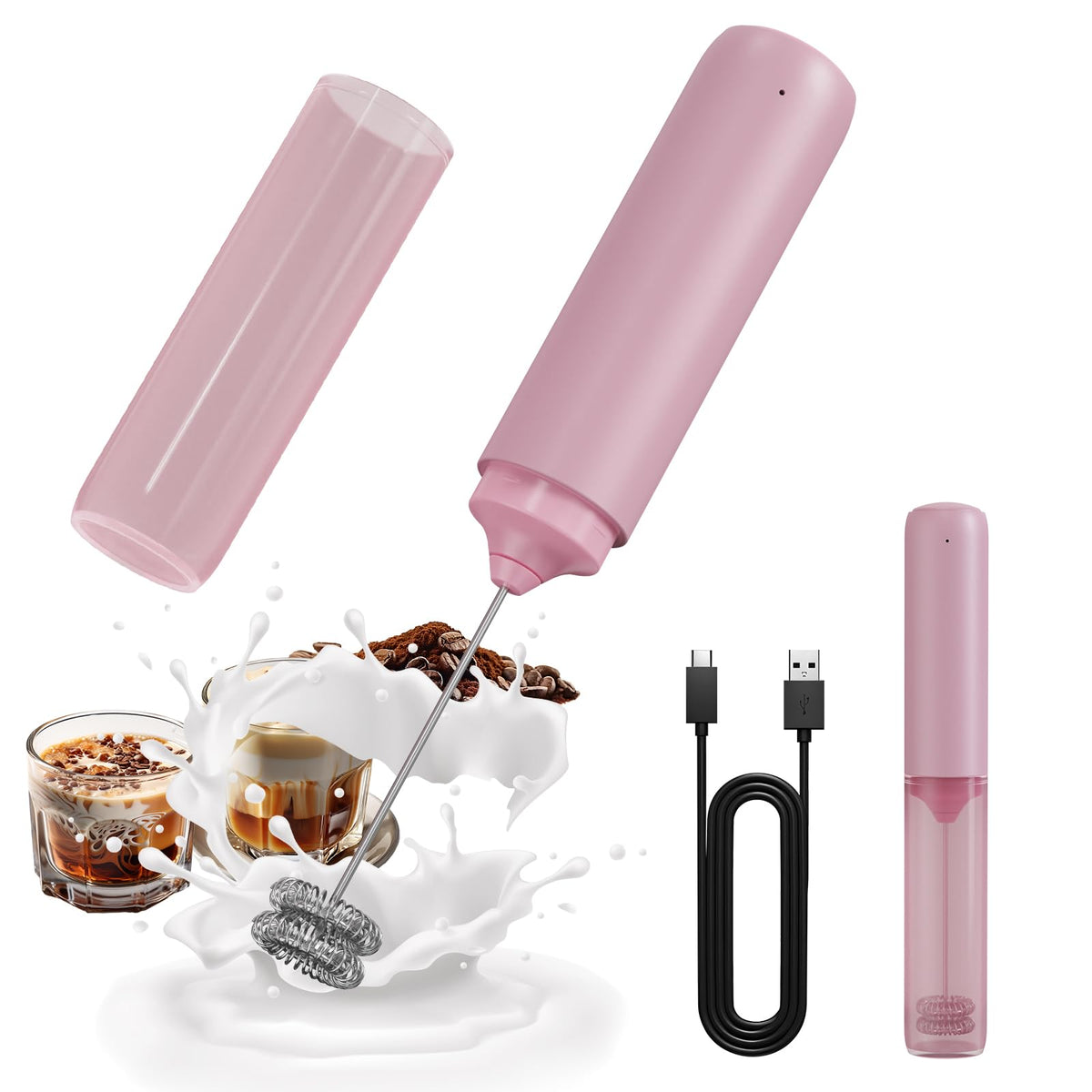 CIRCLE JOY Portable Rechargeable Milk Frother Handheld, Dual Spring Whisk Electric Coffee Frother Wand Drink Mixer for Matcha Lattes Cappuccino, Kitchen Gifts, Beige