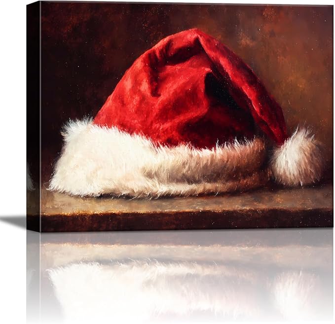 AbcCustomize Vintage Red Santa Hat Christmas Wall Art - Festive Christmas Canvas Prints with Wood Frame, Cozy Winter Decor for Livingroom Bedroom, Unique Christmas Gifts & Winter Home Decor