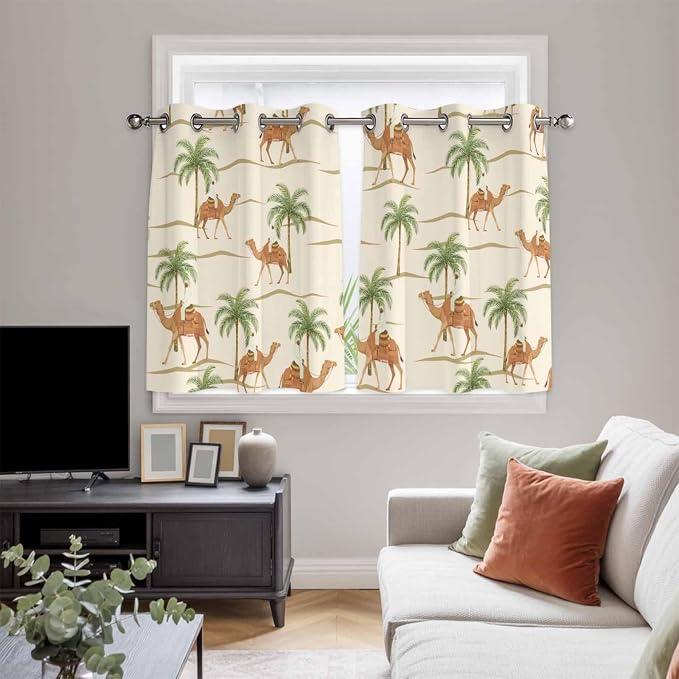 2 Panel Kitchen Cafe Curtains, Date Coconut Tree Sunlight Filtering Nature Air