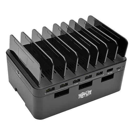 Eaton Tripp Lite Series USB Charging Station for Multiple Devices, 7-Port Portable Multi USB Device Dock, 1 USBC, Storage Slots for Phone Apple iPhone Tablet & iPad, 2.4A Per Port (U280-007-CQC-ST)