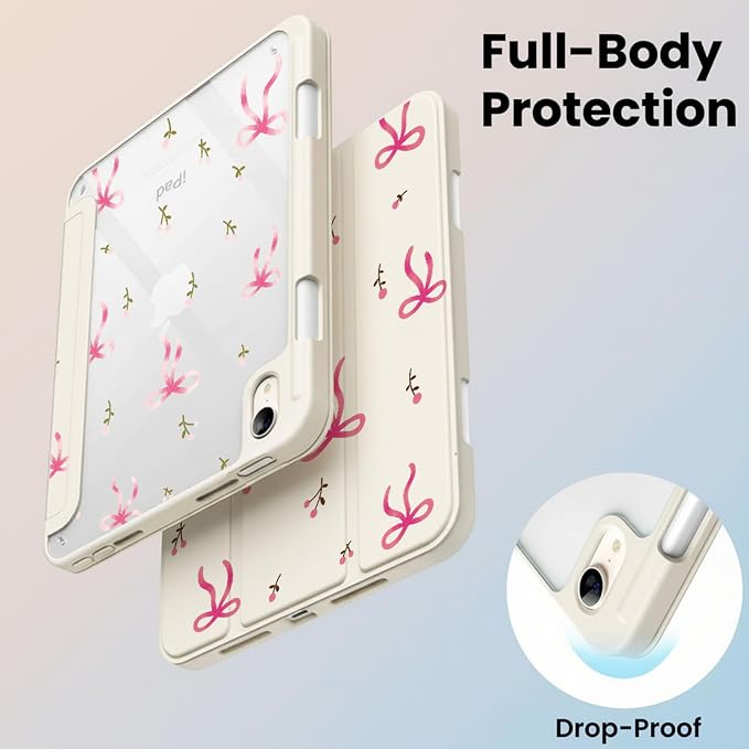 for iPad A16 11 Inch 2025 /for iPad 10th Generation 10.9 Inch 2022 Cute iPad Black Case with Pencil Holder-[Auto Wake/Sleep] Trifold Stand Soft TPU Protective Cover Pink Bows