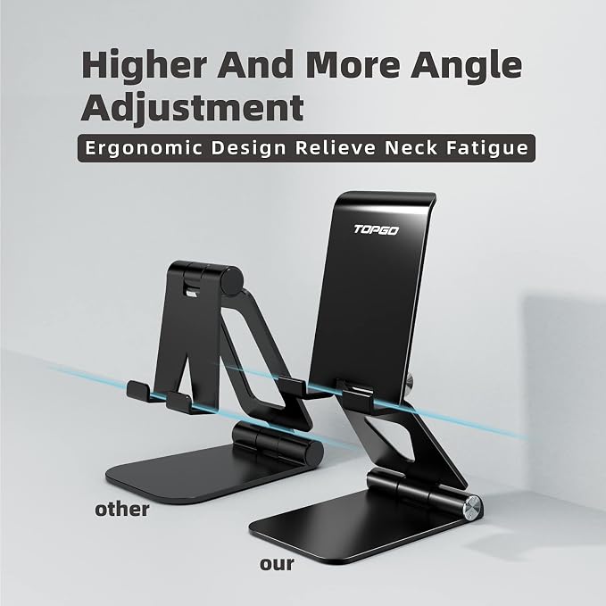 Cell Phone Stand [Stable &amp Height Adjustable] Foldable Cellphone Holder for Desk Office Desktop Bedside Table Compatible with iPhone 14/Smartphones/iPad Mini (Black)
