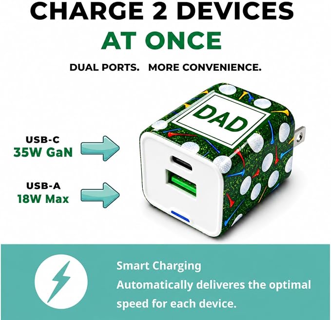 Classy Chargers DAD 20W GaN Fast Charger Gift Set Dual USB-C &amp USB-A Wall Adapter with Universal 3-in-1 Charging Cable for Man (Golf Dad)