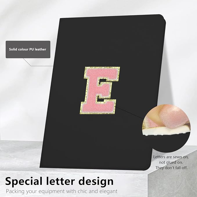 for iPad 9th Generation 10.2 Inch 2021/2020/2019 Case Initial Chenille Letter Suture Personalized for iPad 9th/8th/7th Generation Case with Auto Sleep/Wake Pencil Holder (Black A)