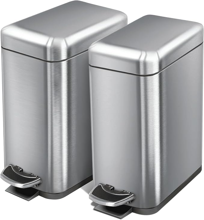 Home Zone Living 2-Pack 1.3 Gallon Small Bathroom Trash Can with Lid and Step Pedal, Stainless Steel Wastebasket with Slim Design for Home and Office, Silver, 5 Liters