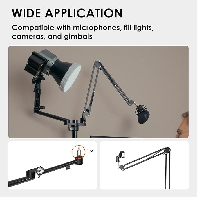 TARION Modular Desktop Arm Set - 18"/45 cm Adjustable Arm with Spigot Mount for COB Lights + 29.4"/75 cm (Max) Mic Boom Stand for Microphone Compatible with 35 mm Rods - Titanrig Arm Y