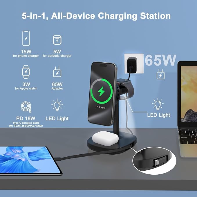 5 in 1 Qi2 Magnetic Wireless Charger Stand with Cooling Fan &amp LED Light Fast Wireless Charging Station for iPhone 17/16/15/14/13/12 AirPods Apple Watch - 65W Adapter &amp Retractable USB-C Cab