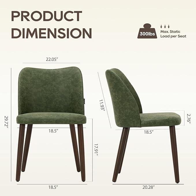 Wooden Dining Chairs Set of 2, Upholstered Kitchen Dining Room Chair, Modern Farmhouse Dinner Chair for Restaurant & Cafe, Green
