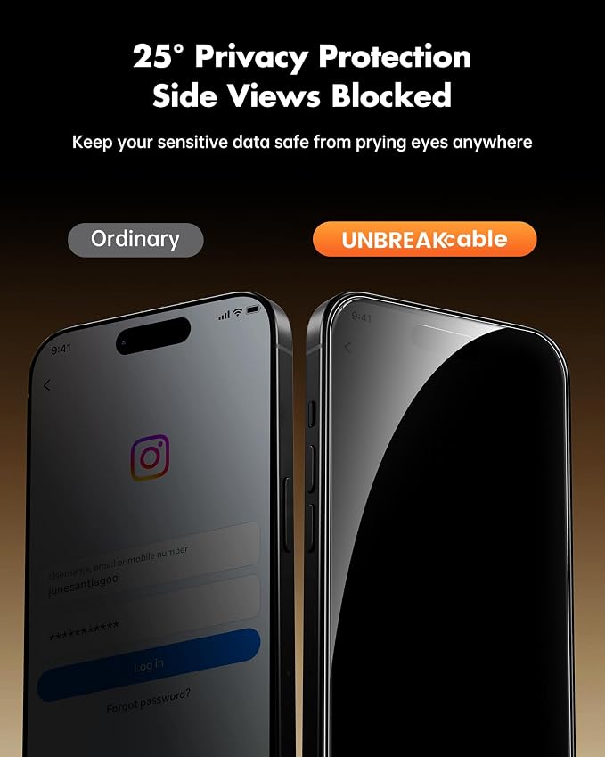 UNBREAKcable Privacy Screen Protector for iPhone 15 (6.1) 25° Anti-Spy Tempered Glass Easy Install Alignment Frame Case-Friendly 9H Hardness Anti-Fingerprint 3-Pack