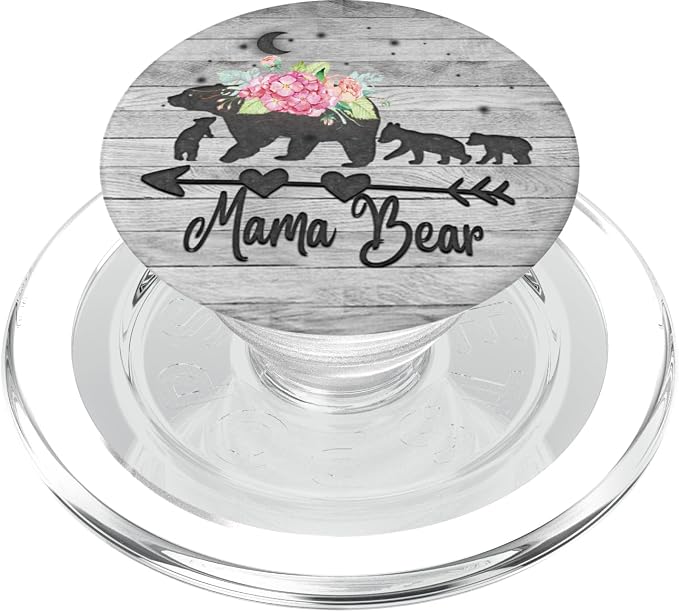 Mama Bear three cubs Pink Floral Flowers Mom mother Grey PopSockets Adhesive PopGrip