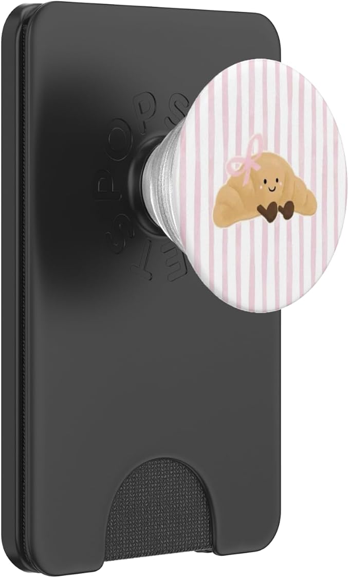 Pink Stripe Croissant Bow Illustration Print PopSockets Adhesive PopGrip