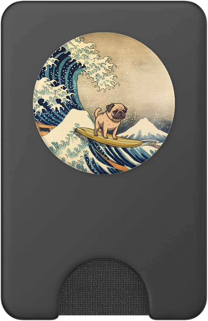 Surfing Pug Kanagawa Wave Japanese Dog Funny PopSockets Adhesive PopGrip