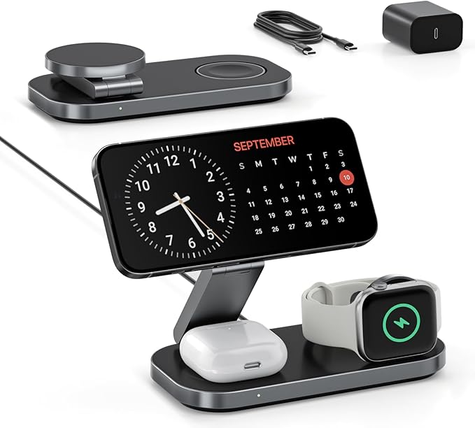 3-in-1 Charging Station for Apple Device Foldable Magnetic Wireless Fast Charger Stand Compatible with MagSafe for iPhone 17e/17/16/15/14/13/12/Air Series Apple Watch &amp AirPods-Black