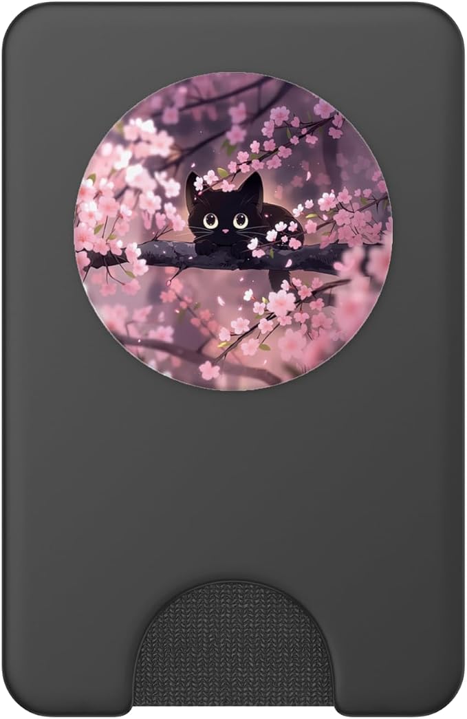 Cute Black Kitten Cat Cherry Blossom Meow Kawaii Anime Cat PopSockets PopGrip for MagSafe
