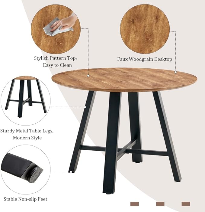 Round Dining Table Set for 4, Modern Kitchen Dining Table Chairs Set for 4, 42" Wood Dining Room Table Set & 4 Upholstered Chairs for Kitchen Living Office Cafe Small Space