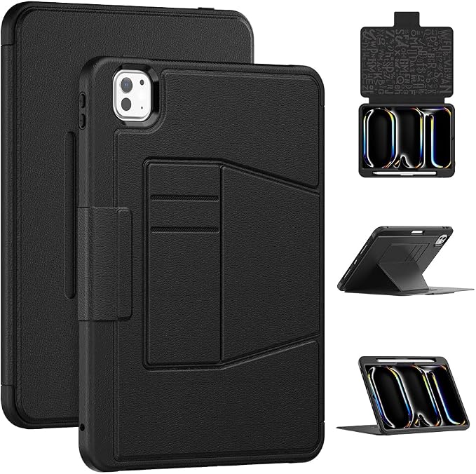 for iPad Pro 11 inch Protective Case M5 2025/M4 2024: Heavy Duty Shockproof Case with Pencil Holder - 360°Rotating Handle/Stand - Screen Protector - Shoulder Strap Black/Sky Blue