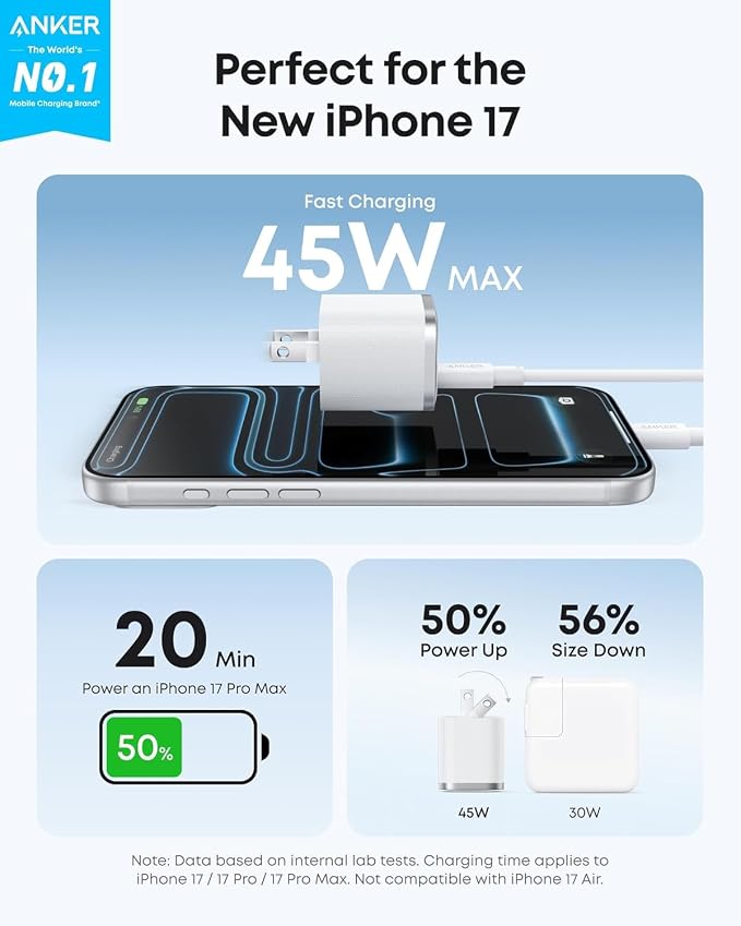 Anker iPhone Charger 45W Type C Fast Charging USB C Charger Block | Includes 6FT USB-C Cable and Foldable Plug for iPhone 17/16 SeriesMacBook Pixel 9 iPad and More