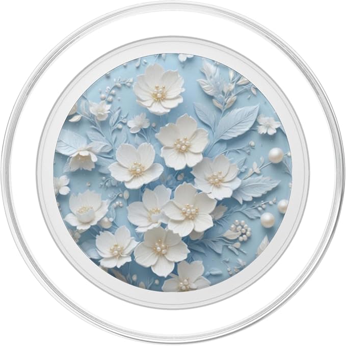 White Pearl Floral on Blue Illustration Print PopSockets PopGrip for MagSafe