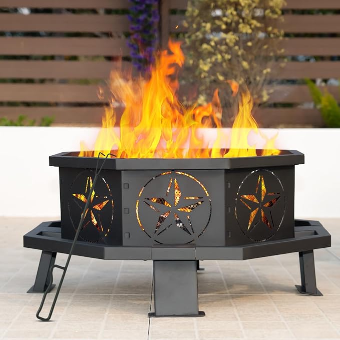 Verdeluxe 32 Inch Octagonal Outdoor Fire Pit,Wood Burning Fire Pit with Fire Poker,Firepits for Outside Bonfire,Camping,Backyard, Garden,Patio