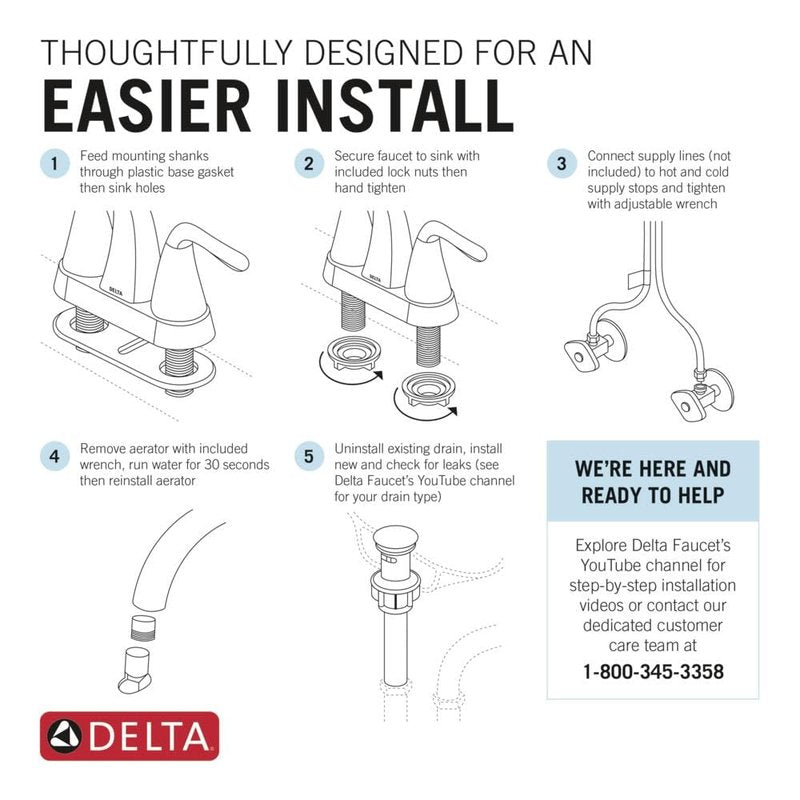 Delta Faucet Foundations Centerset Bathroom Faucet, Chrome 2-Handle Bathroom Faucet, Delta Bathroom Sink Faucet, Metal Push-Pop Drain Assembly, Chrome B2510LF