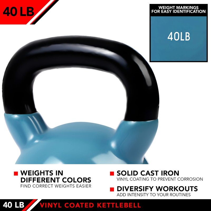 JFIT Vinyl-Coated Cast Iron Kettlebell Weight – Flat Bottom Kettlebell for Strength Training, Cross Training & Home Gym Workouts, 40lb-Steel Blue
