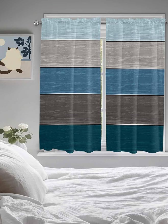 Retro Farm Blue Gray Wood Grain Window Valance Curtains, Rustic Wooden Plank