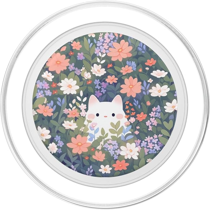 Cute White Cat Hiding in Spring Flowers Botanical Floral PopSockets Adhesive PopGrip