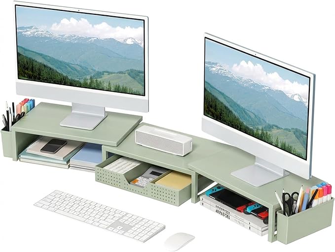OPNICE Desk Organizers and Accessories, Dual Monitor Stand Riser with Drawer and 2 Pen Holders, Desk Shelf Metal Computer Monitor Stand for Office Workspace Organizers, Desktop Organization (Green)
